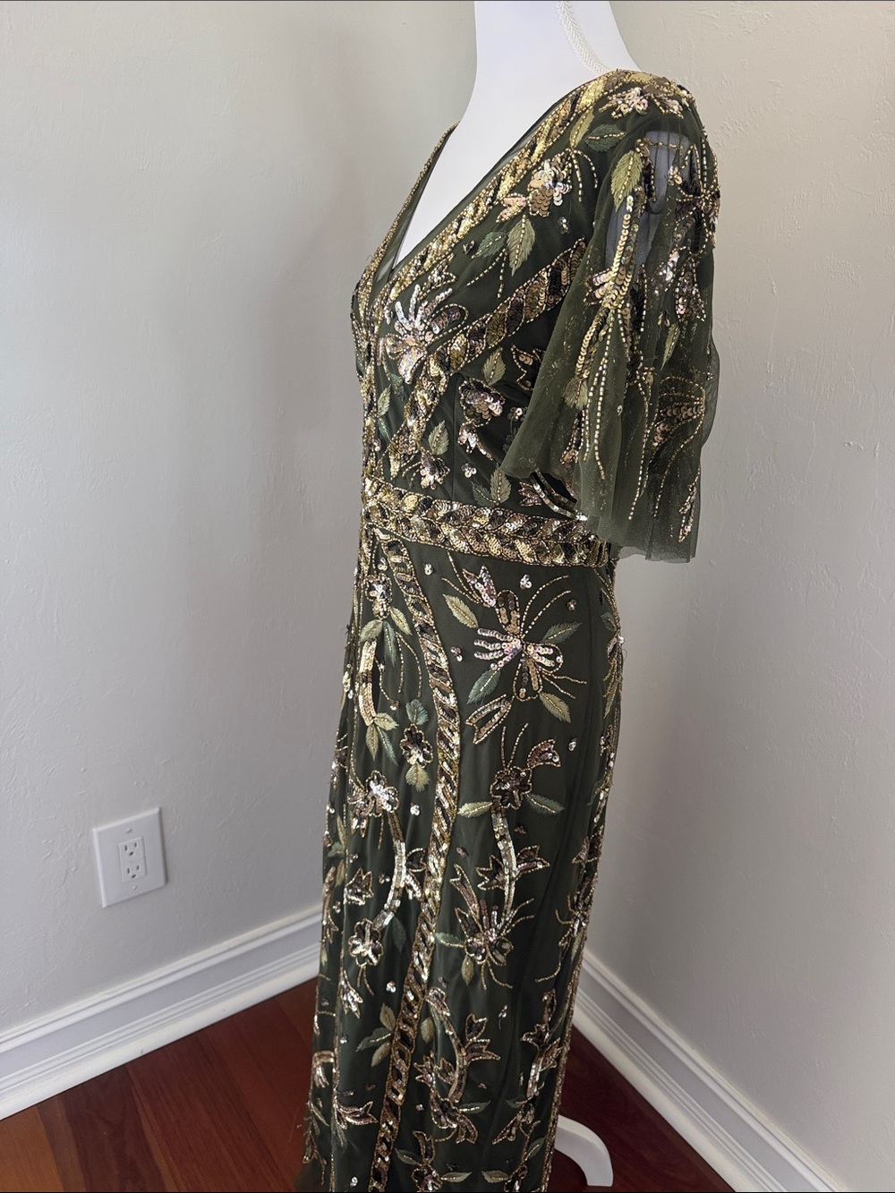 Adrianna Papell Olive Green Maxi Gown with Gold Beading - sold out - Picture 6 of 16